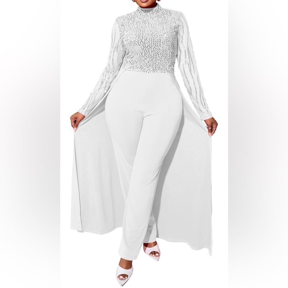 VERWIN White Sequins Jumpsuit Dress Overlay Elegant Fashion Wedding Sz M New #B